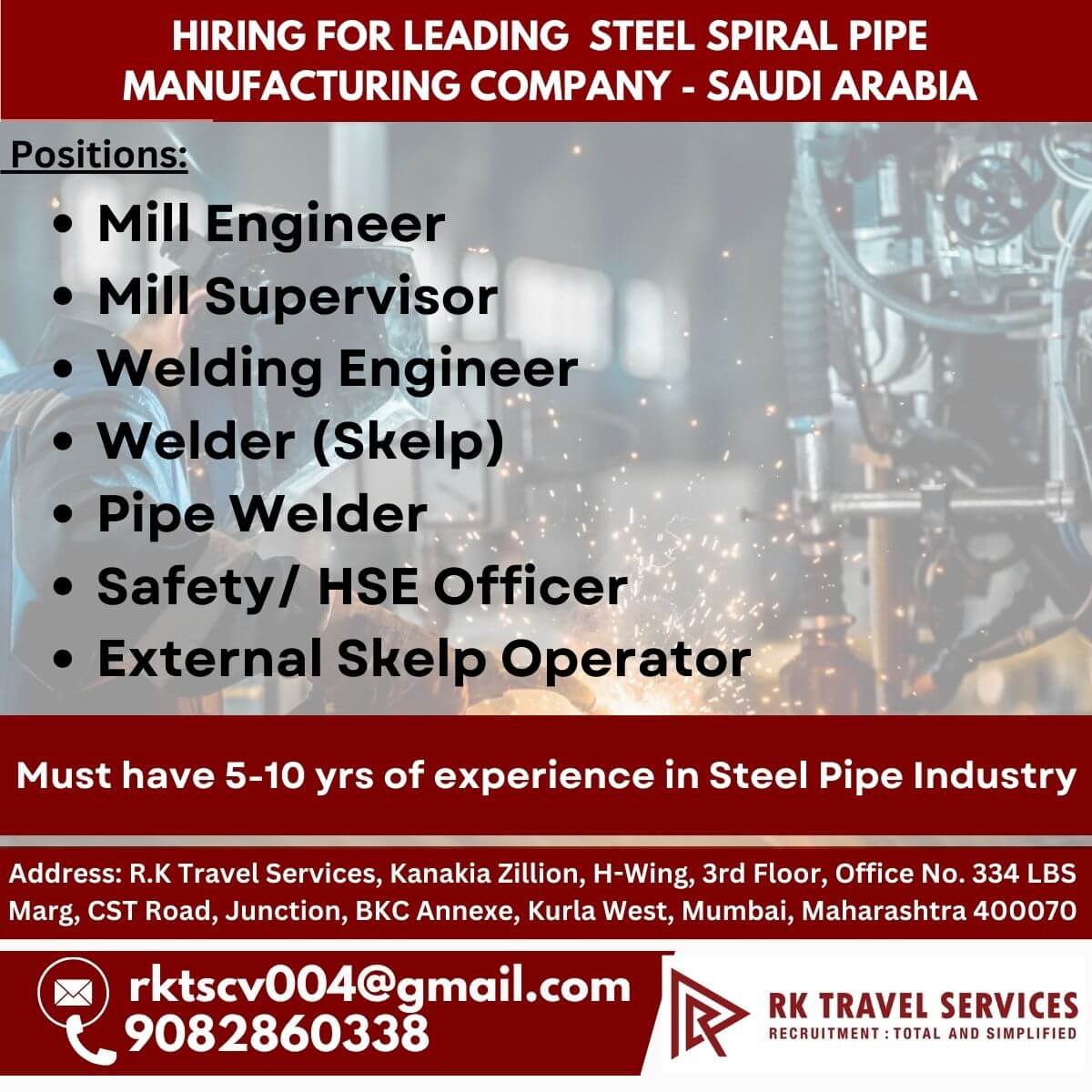 HIRING FOR LEADING STEEL SPIRAL PIPE MANUFACTURING COMPANY - SAUDI ARABIA