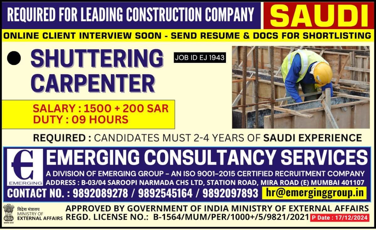 Urgently Required for Leading Construction Company in Saudi Arabia - Shortlisting in Progress