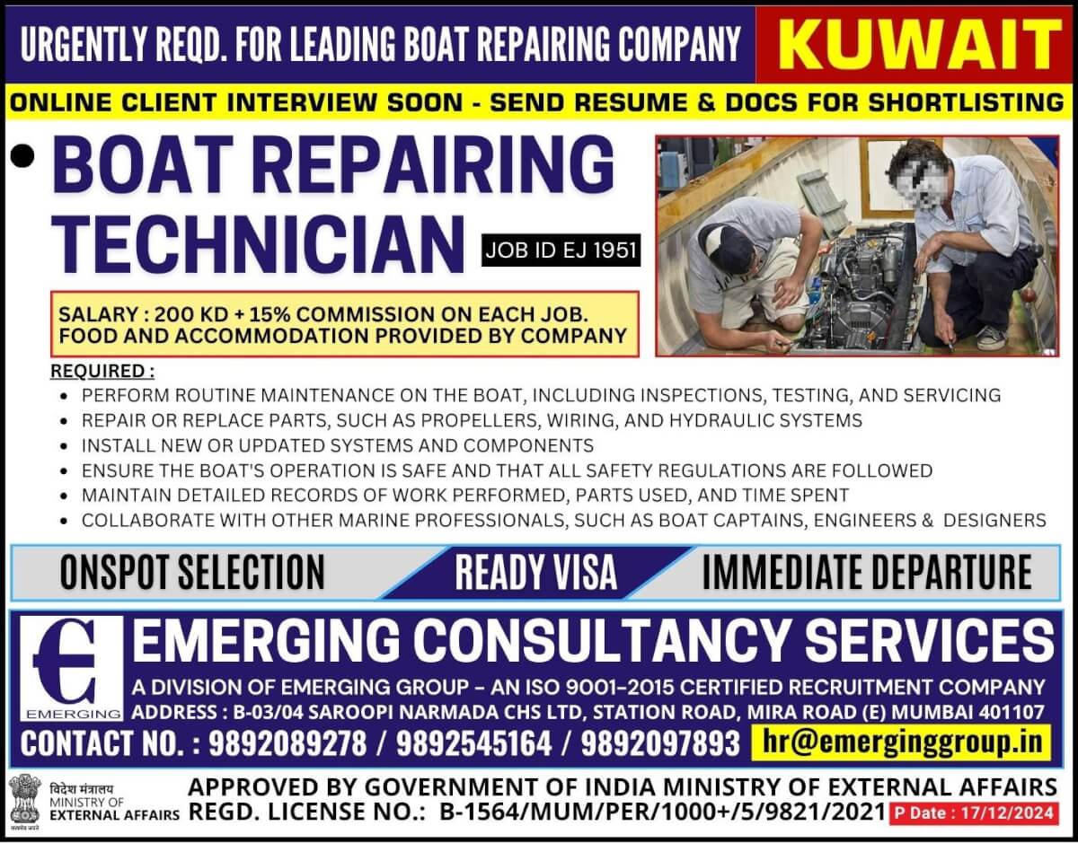 Urgently required for Leading Boat Repairing Company in Kuwait - Shortlisting in Progress