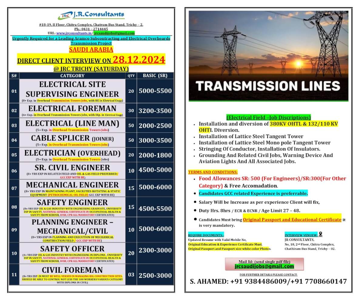 URGENTLY REQUIRED FOR A LEADING COMPANY IN SAUDI ARABIA DIRECT CLIENT INTERVIEW ON 28.12.2024 @ JRC TRICHY