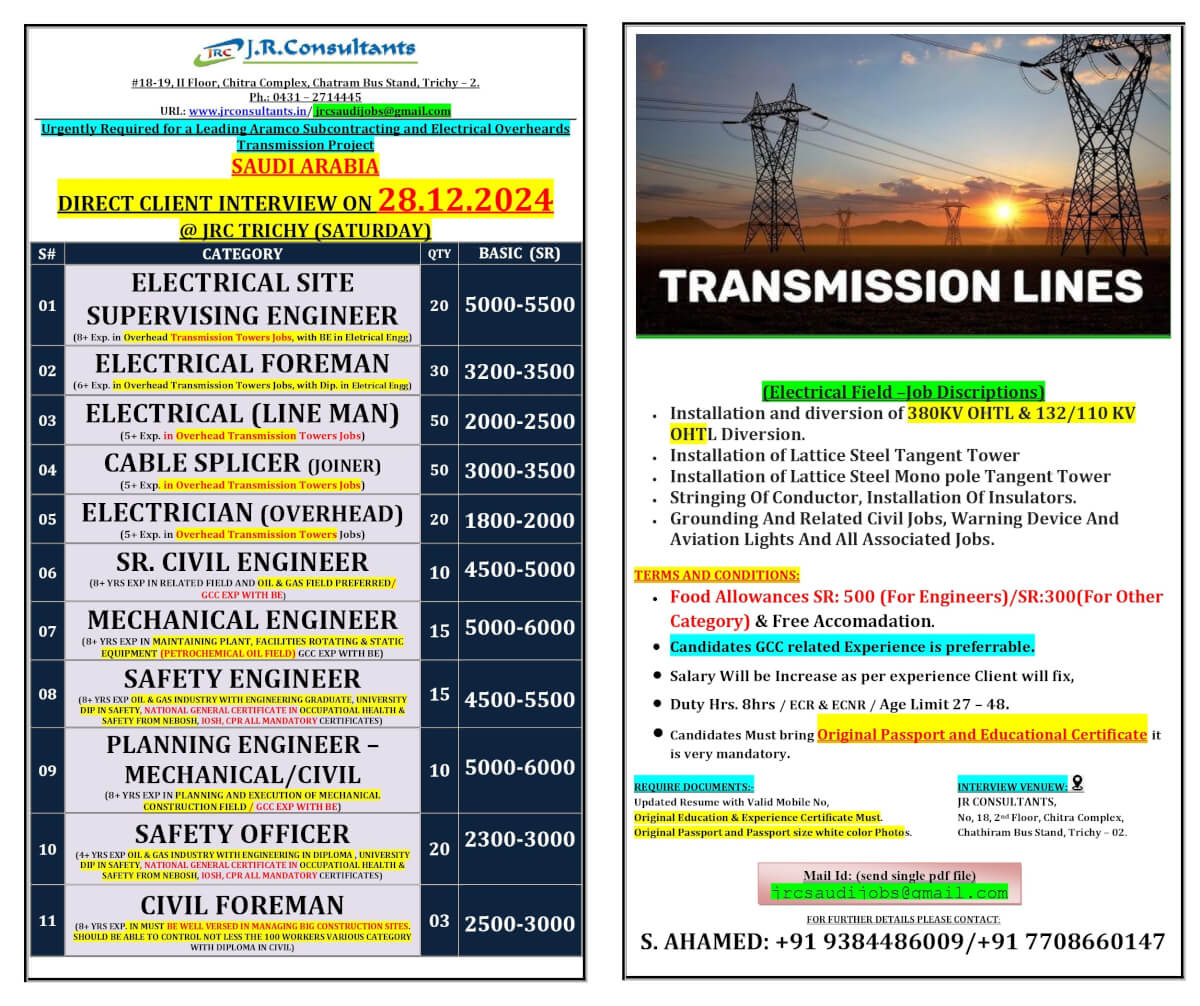 URGENTLY REQUIRED FOR A LEADING ARAMCO SUBCONTRACTING COMPANY IN SAUDI ARABIA DIRECT CLIENT INTERVIEW ON 28.12.2024 @ JRC TRICHY