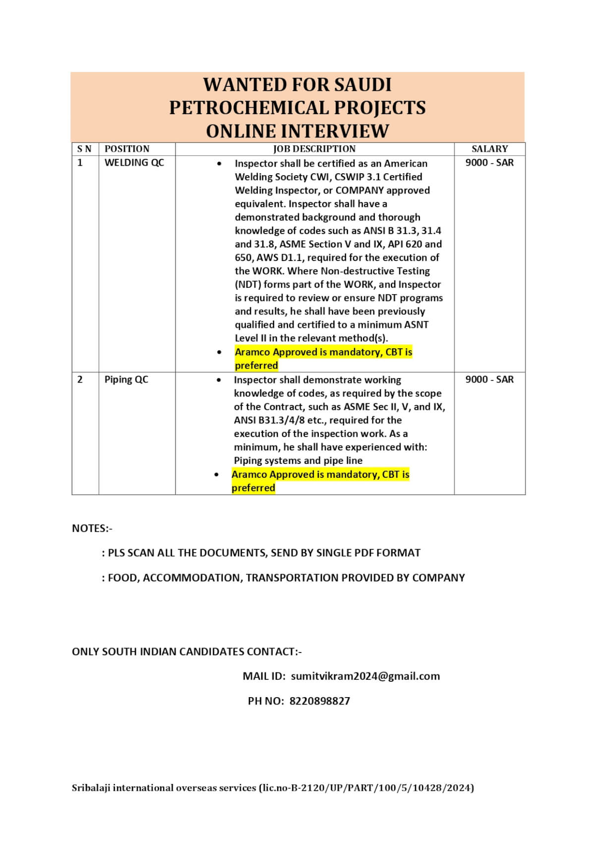 WANTED FOR SAUDI PETROCHEMICAL PROJECTS