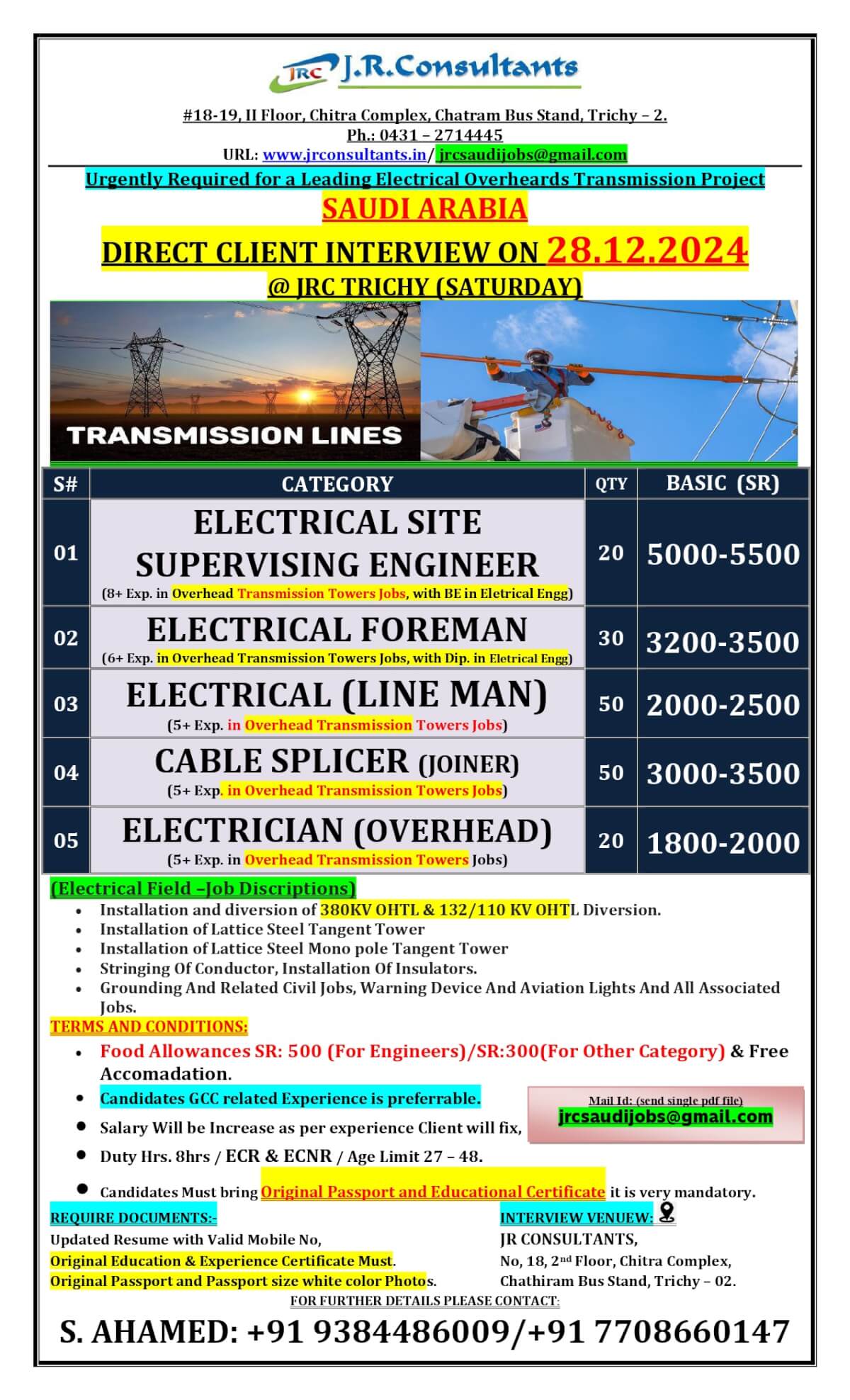 URGENTLY REQUIRED FOR A LEADING ARAMCO SUBCONTRACTING COMPANY IN SAUDI ARABIA DIRECT CLIENT INTERVIEW ON 28.12.2024 @ JRC TRICHY