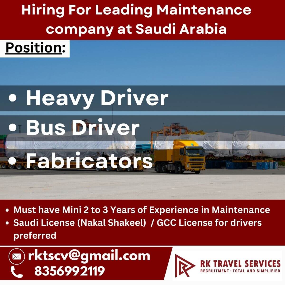 Hiring For Leading Maintenance company at Saudi Arabia