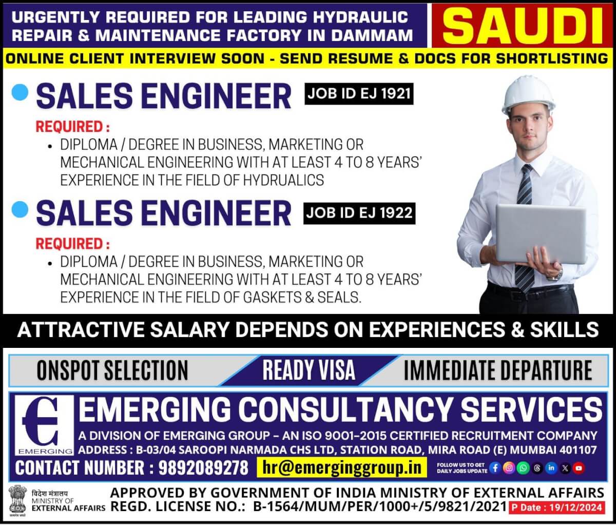 Urgently required for leading hydraulic repair & maintenance factory in Dammam Saudi Arabia