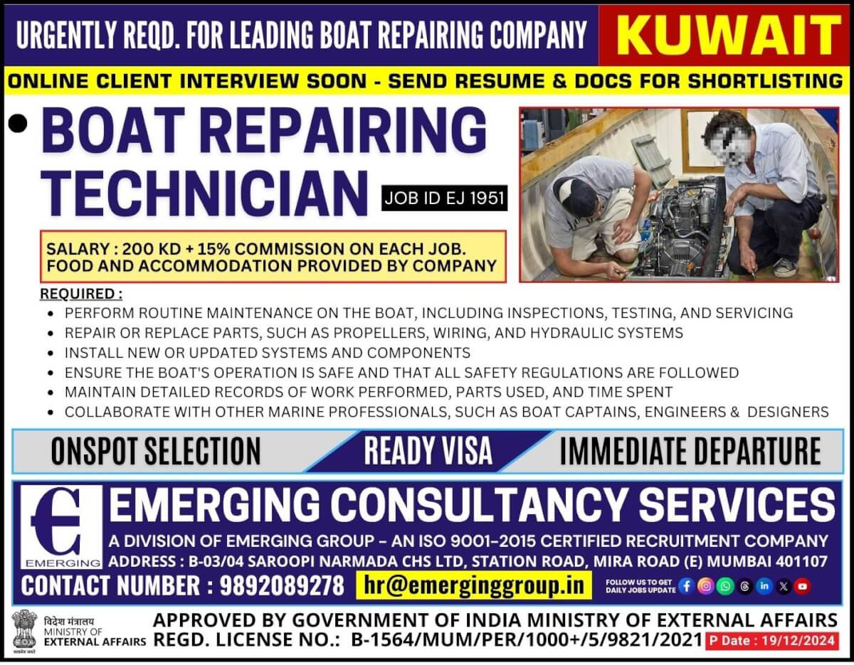 Urgently required for Leading Boat Repairing Company in Kuwait - Shortlisting in Progress