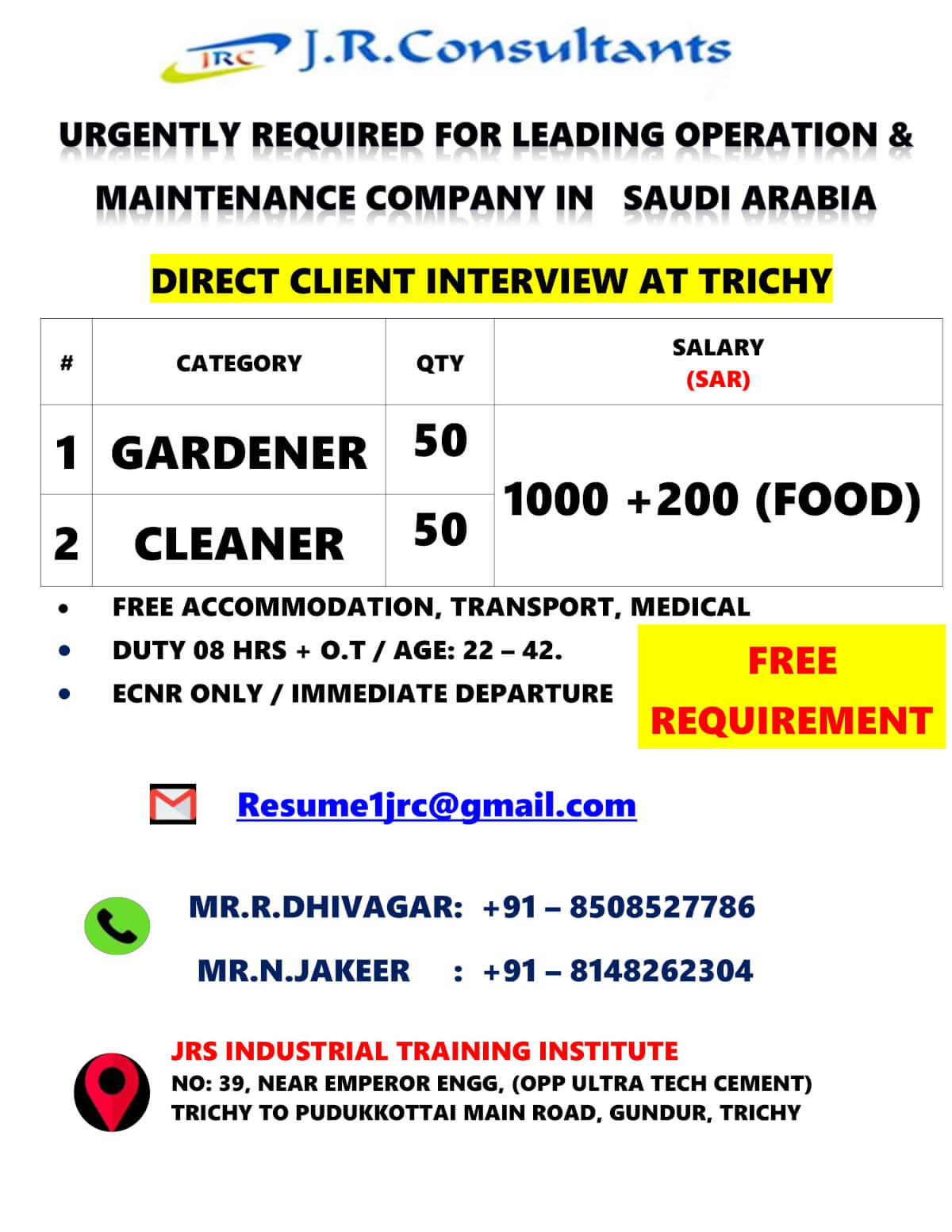 URGENTLY REQUIRED FOR LEADING OPERATION & MAINTENANCE COMPANY IN   SAUDI ARABIA