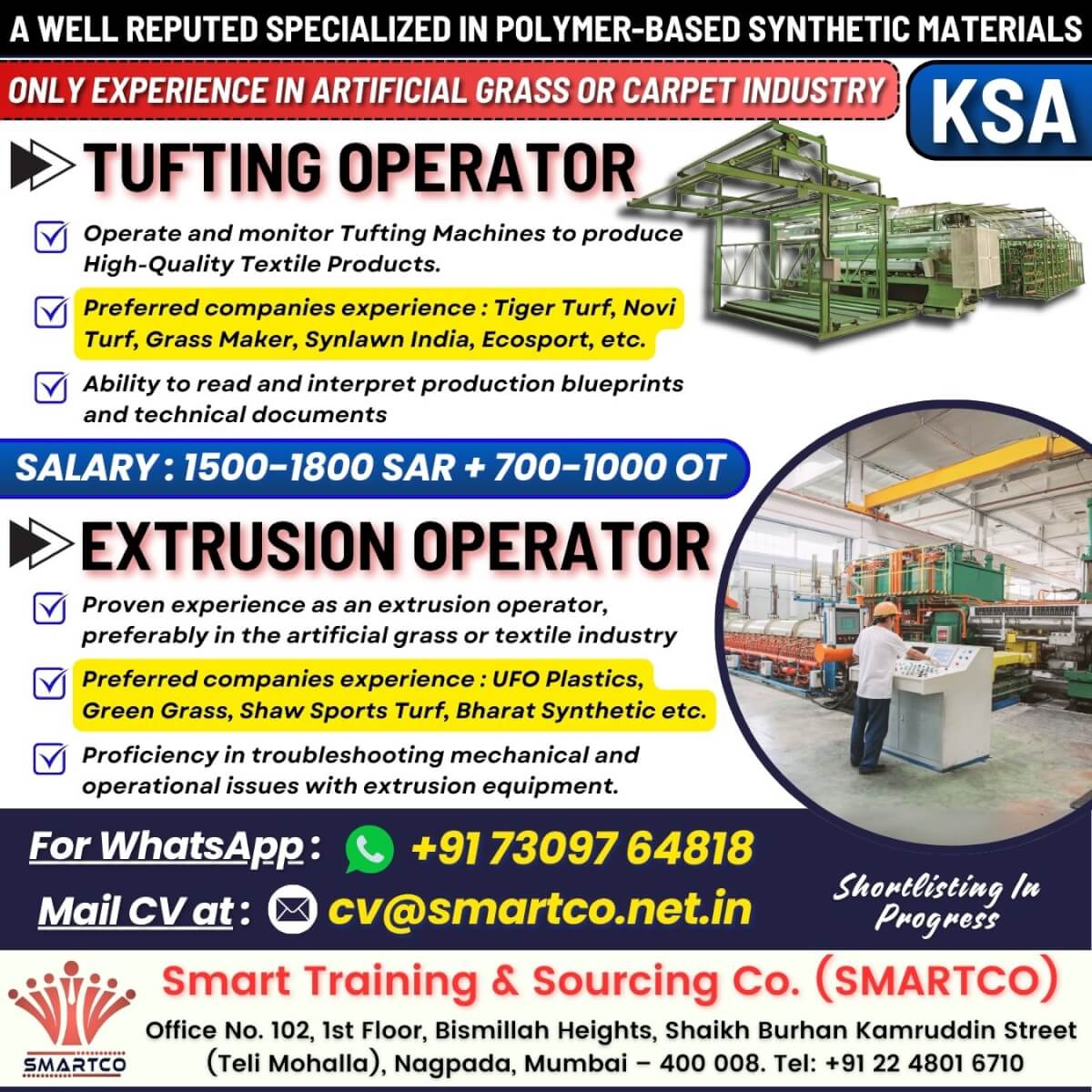 ONLY EXPERIENCE IN ARTIFICIAL GRASS OR CARPET INDUSTRY - KSA