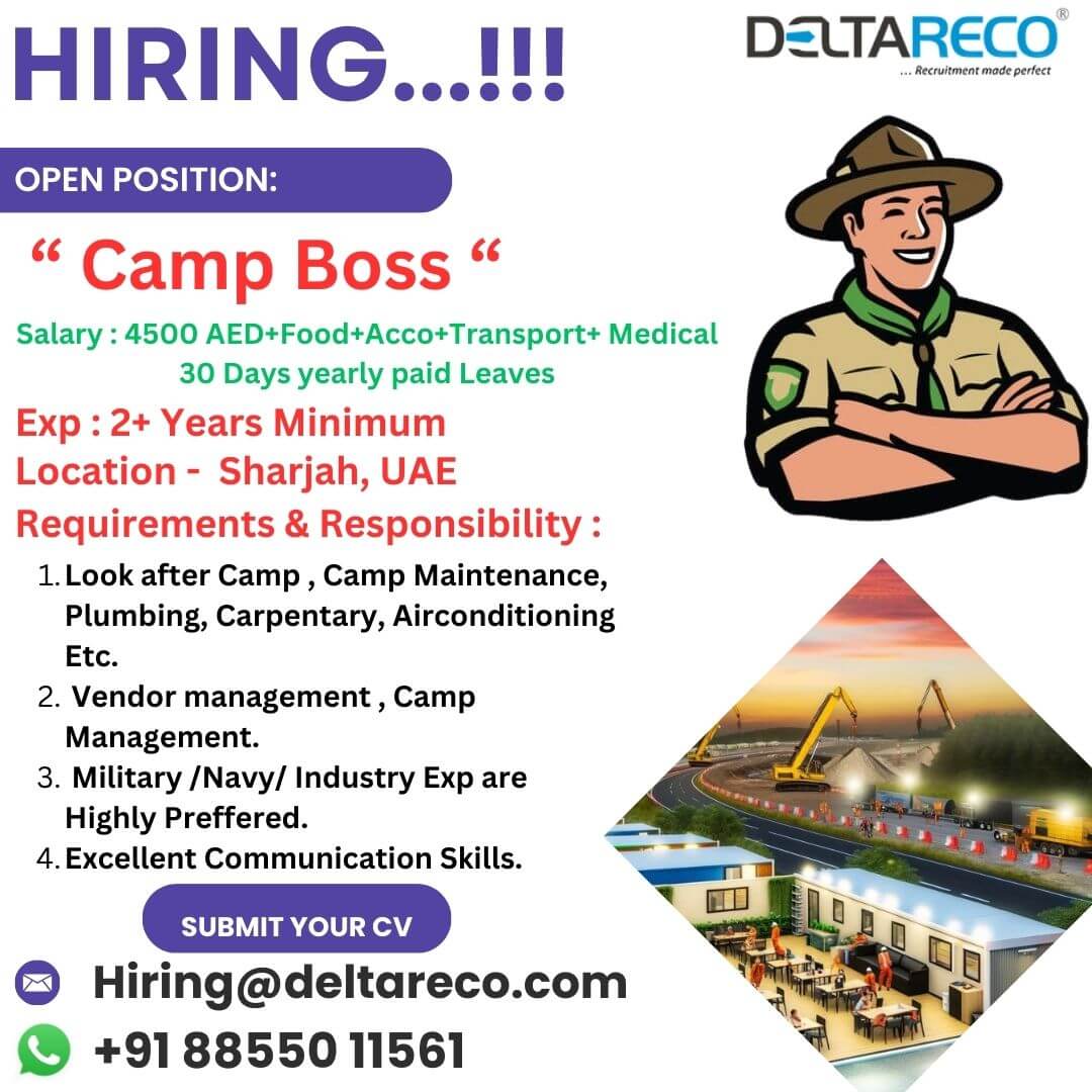 Hiring 7 campboss, Camp manager and ADmin For UAE