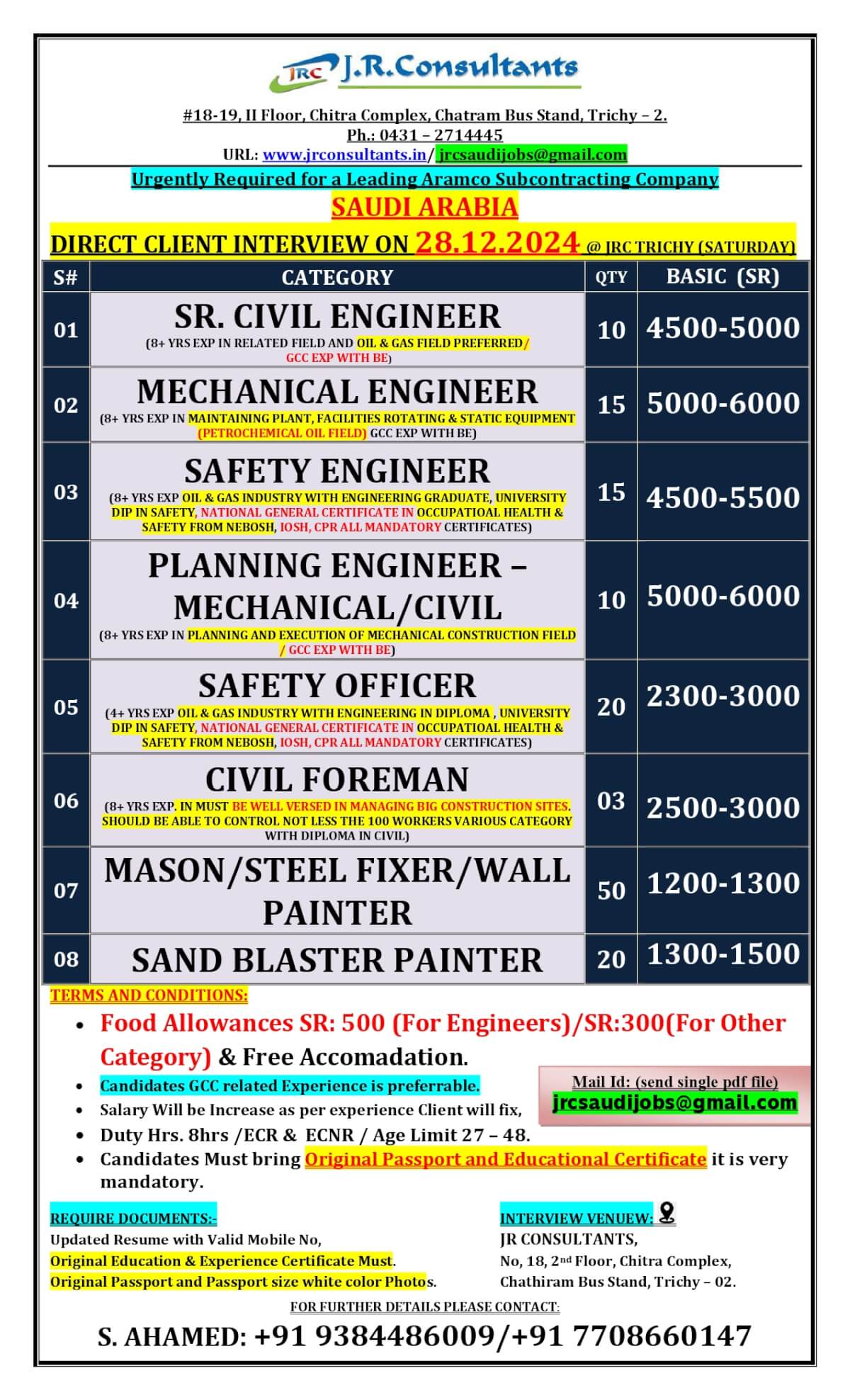 URGENTLY REQUIRED FOR A LEADING COMPANY IN SAUDI ARABIA A DIRECT CLIENT INTERVIEW ON 28.12.2024 @ JRC TRICHY