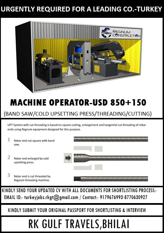 HIRING FOR A LEADING REBAR COUPLER FACTORY – TURKEY.