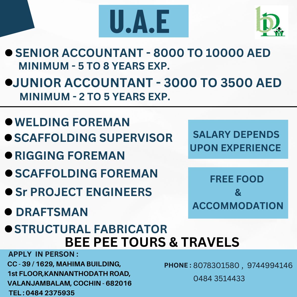 SENIOR ACCOUNTANT, JUNIOR ACCOUNTANT, WELDING FOREMAN, SCAFFOLDING SUPERVISOR, RIGGING FOREMAN, SCAFFOLDING FOREMAN, Sr PROJECT ENGINEERS, DRAFTSMAN, STRUCTURAL FABRICATOR