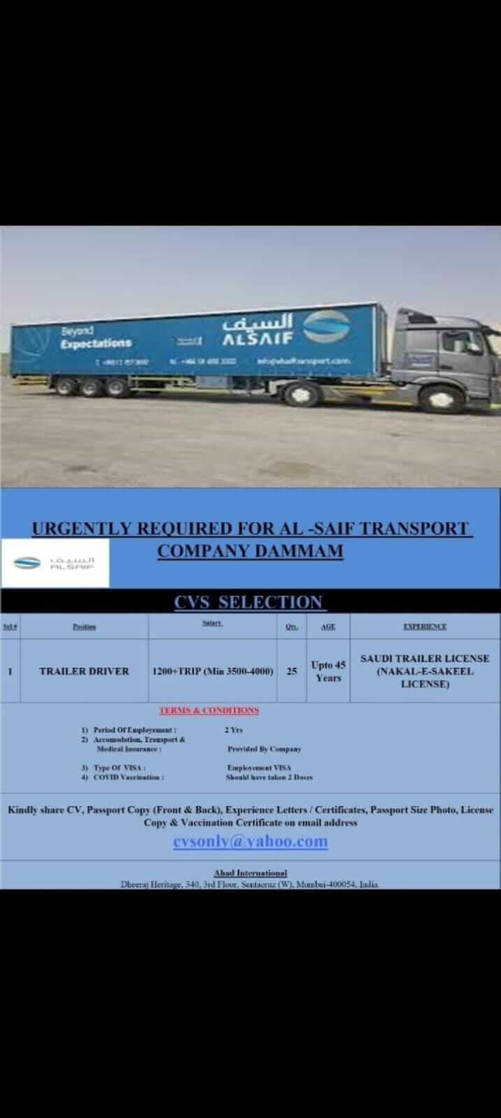 URGENTLY REQUIRED FOR AL- SAIF TRANSPORT COMPANY DAMMAM K.S.A.