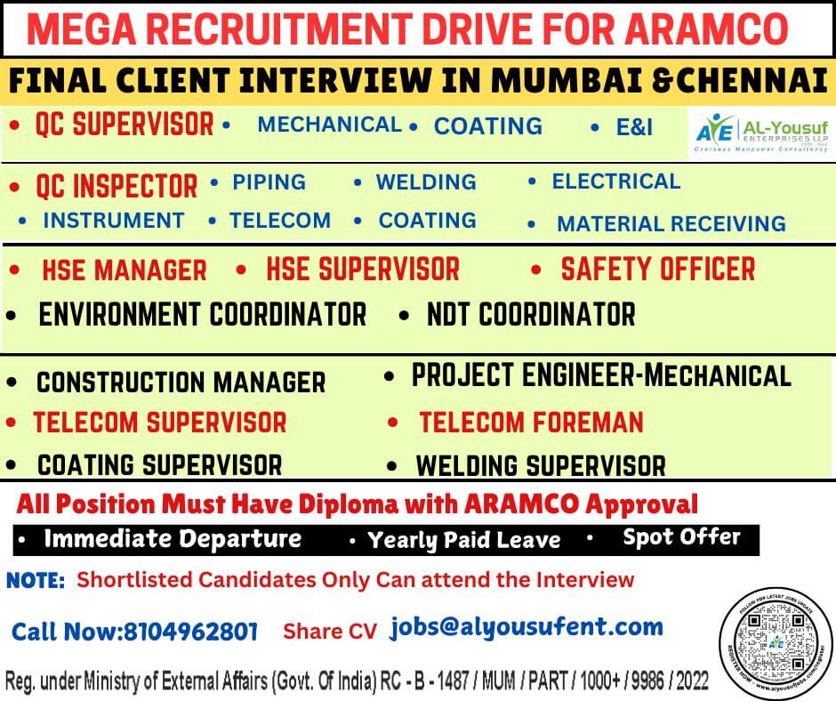 MEGA RECRUIMENT FOR ARAMCO PROJECT-SAUDI ARABIA