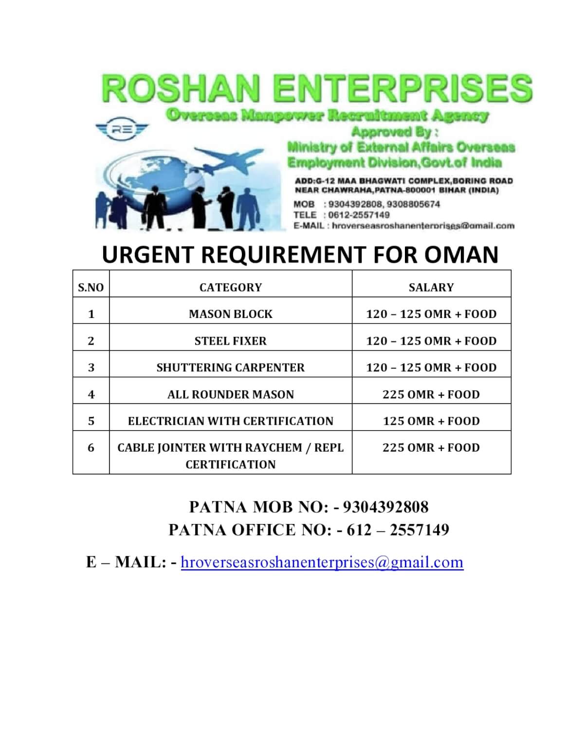 URGENT REQUIREMENT FOR OMAN