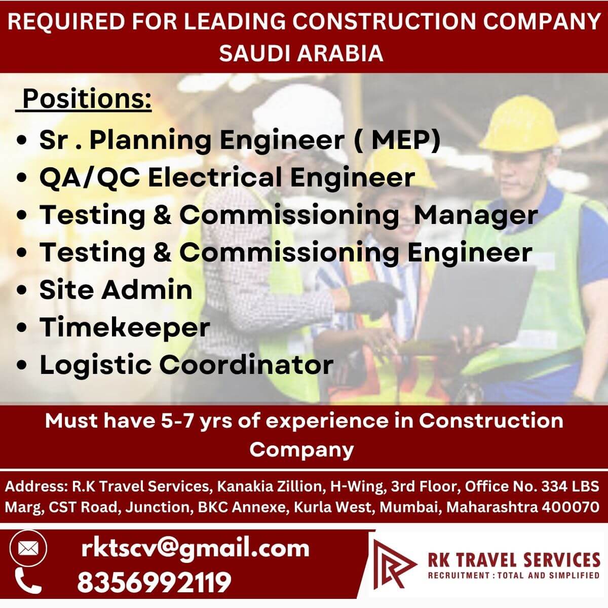 REQUIRED FOR LEADING CONSTRUCTION COMPANY  SAUDI ARABIA