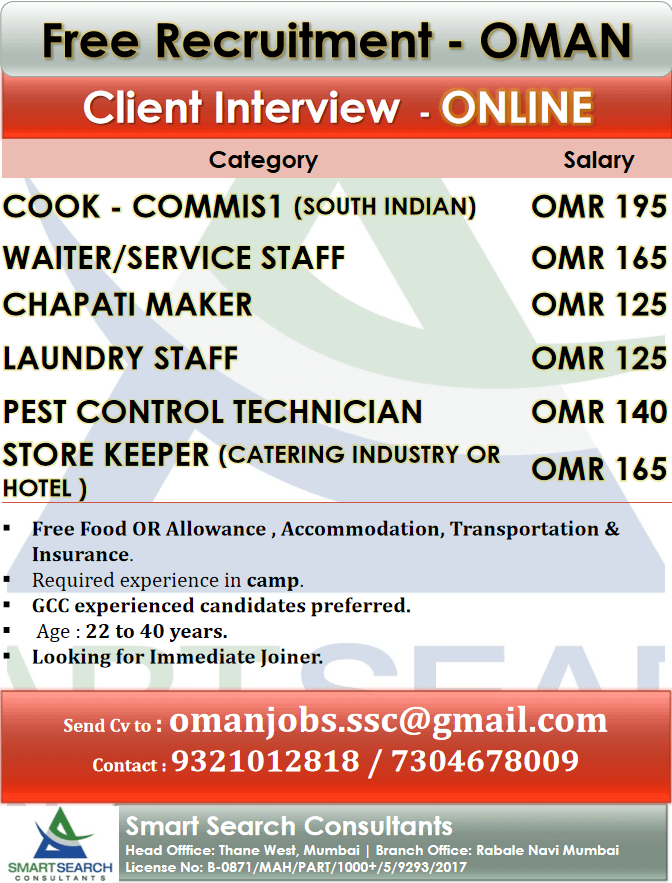 COOK - COMMIS1 (SOUTH INDIAN) / WAITER/SERVICE STAFF   / CHAPATI MAKER  /LAUNDRY STAFF / PEST CONTROL TECHNICIAN  / STORE KEEPER (CATERING INDUSTRY OR HOTEL )