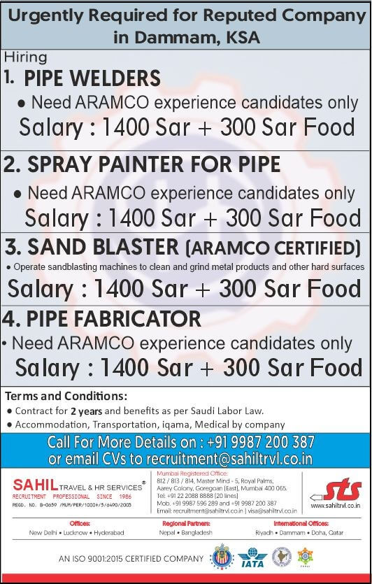 Good opportunity to work with highly reputed company in dammam, saudi arabia.