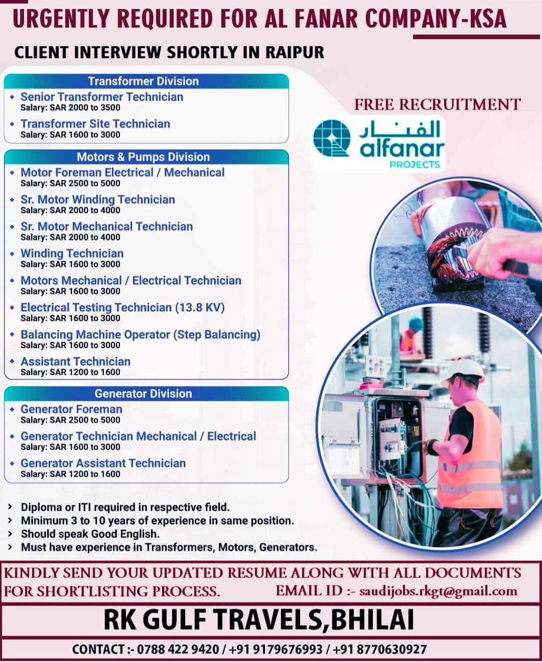 HIRING FOR AL FANAR ELECTRICAL PROJECTS - SAUDI ARABIA.