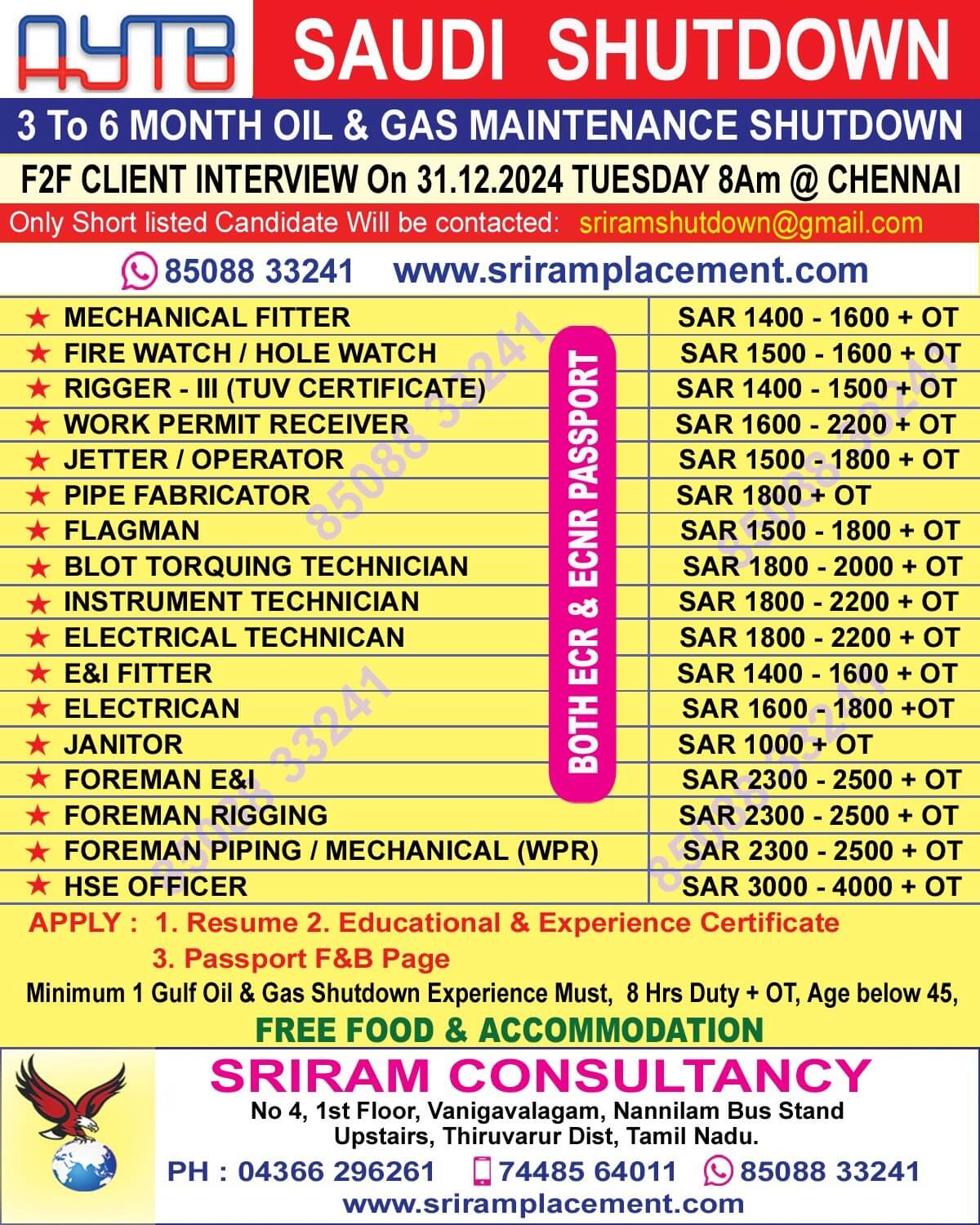 Urgent Requirement For Saudi AYTB /3 -6 MONTH Shutdown, Apply:sriramshutdown@gmail.com  / visit : https://whatsapp.com/channel/0029VaGCAbBJ93wTllBRDs3F