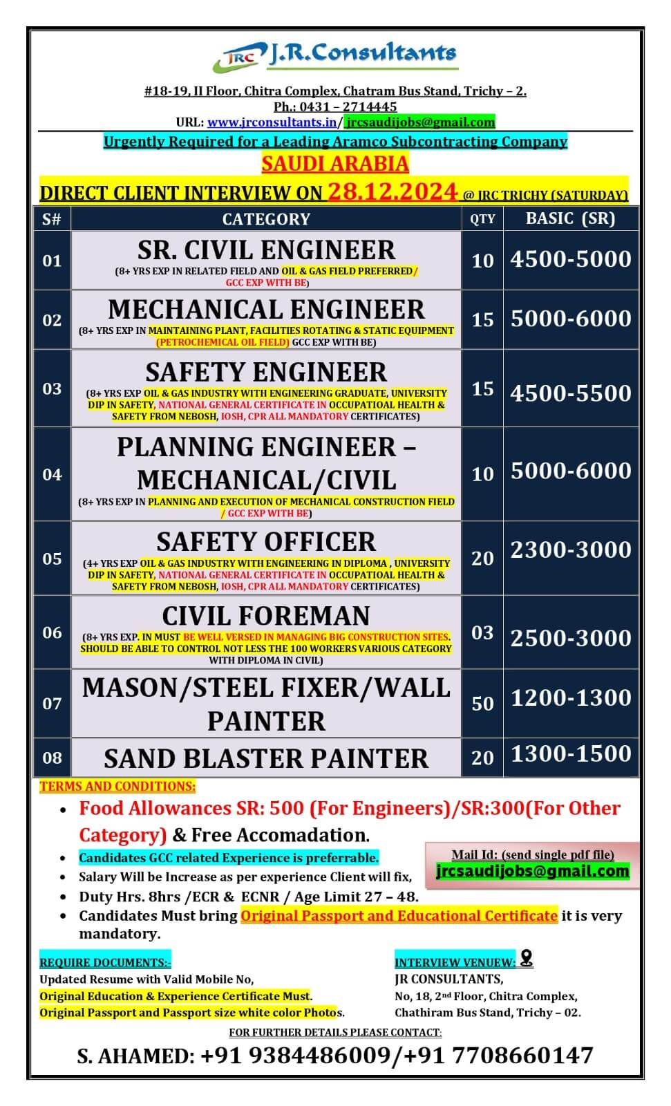 URGENTLY REQUIRED FOR A LEADING COMPANY IN SAUDI ARABIA A DIRECT CLIENT INTERVIEW ON 28.12.2024 @ JRC TRICHY