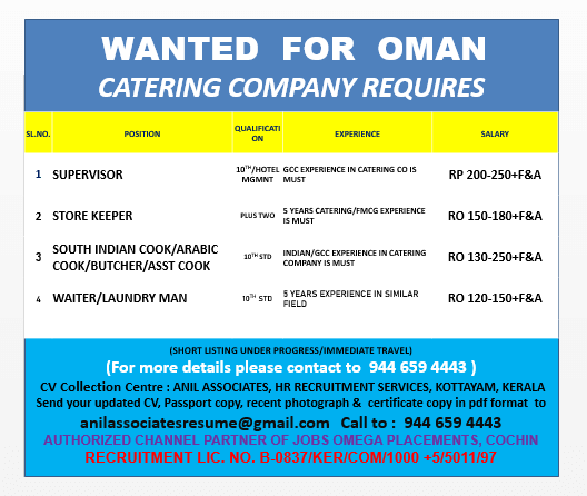 SUPERVISOR, STORE KEEPER, SOUTH INDIAN COOK, ARABIC COOK, LAUNDRY MAN, WAITER