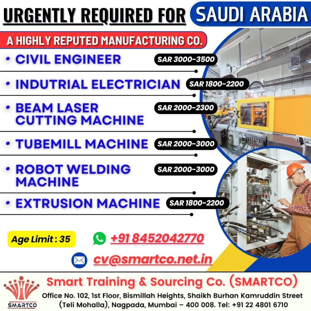 URGENTLY REQUIRED FOR SAUDI ARABIA  A HIGHLY REPUTED MANUFACTURING CO.