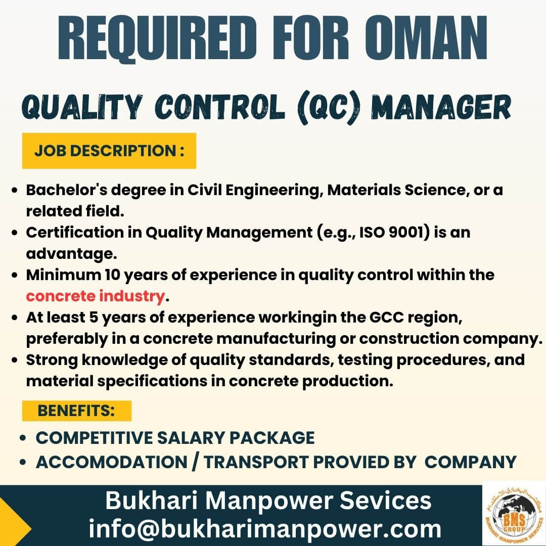 URGENTLY REQUIRED FOR QUALITY CONTROL QC MANAGER  IN OMAN