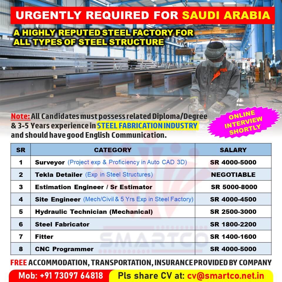 URGENTLY REQUIRED FOR SAUDI ARABIA A HIGHLY REPUTED STEEL FACTORY FOR ALL TYPES OF STEEL STRUCTURE