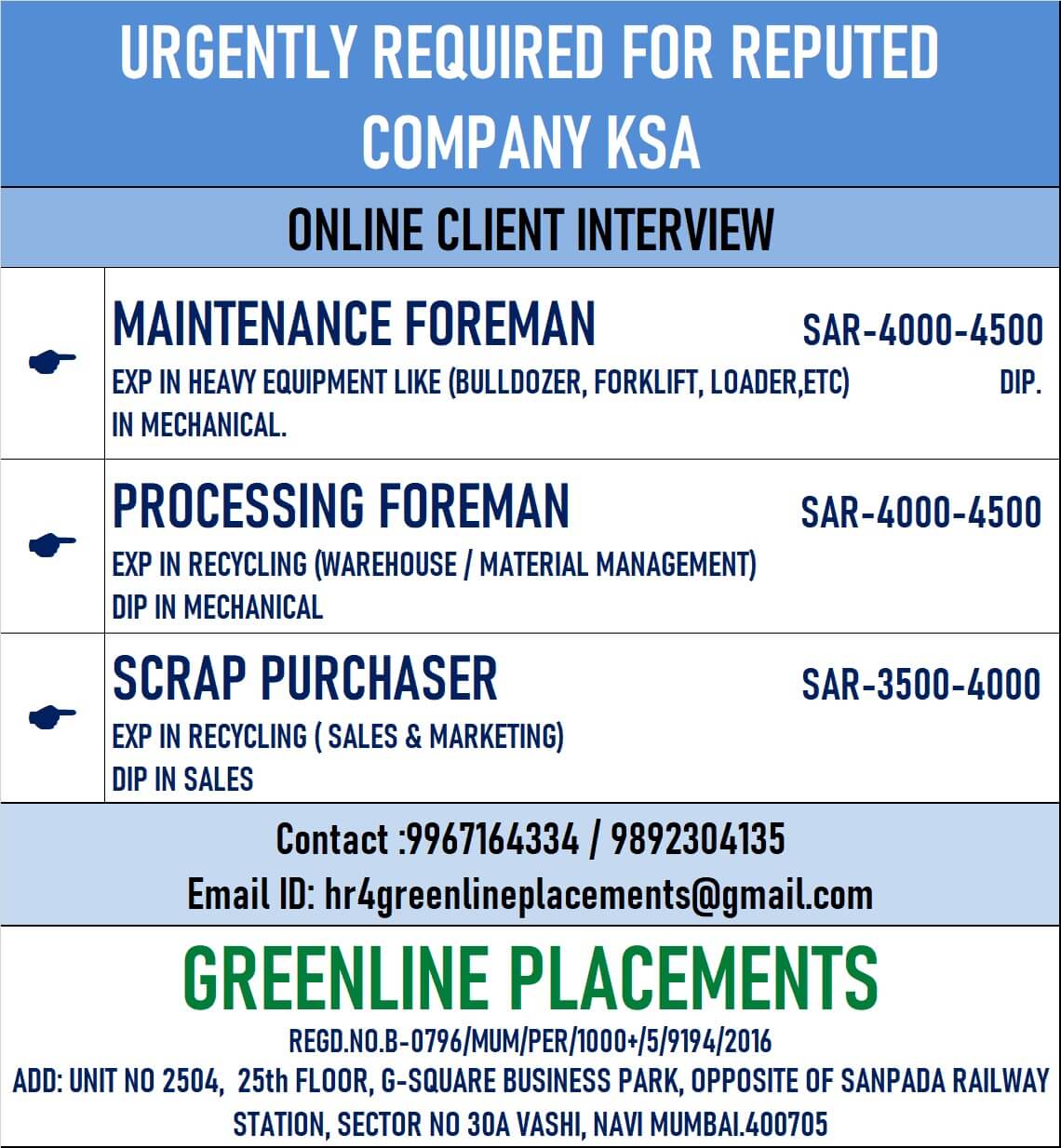 URGENTLY REQUIRED FOR REPUTED COMPANY KSA