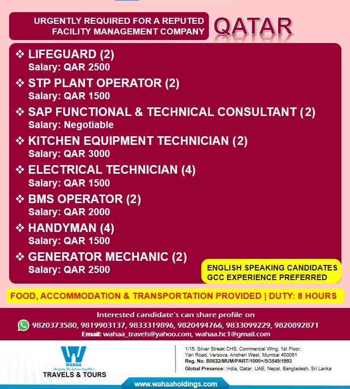 Required for reputed facility management company - Qatar - +91 98203 73580