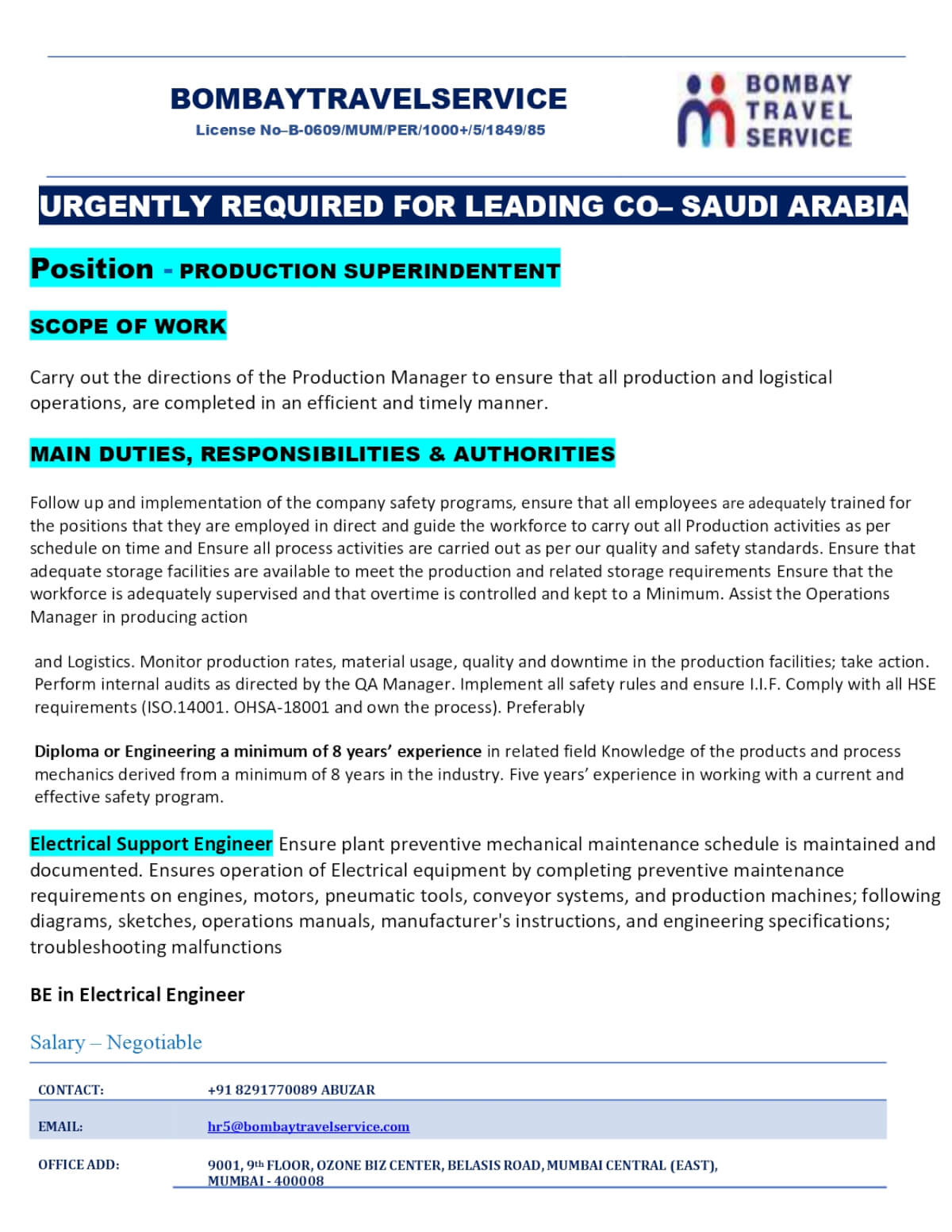 Urgently Hiring For Saudi Arabia