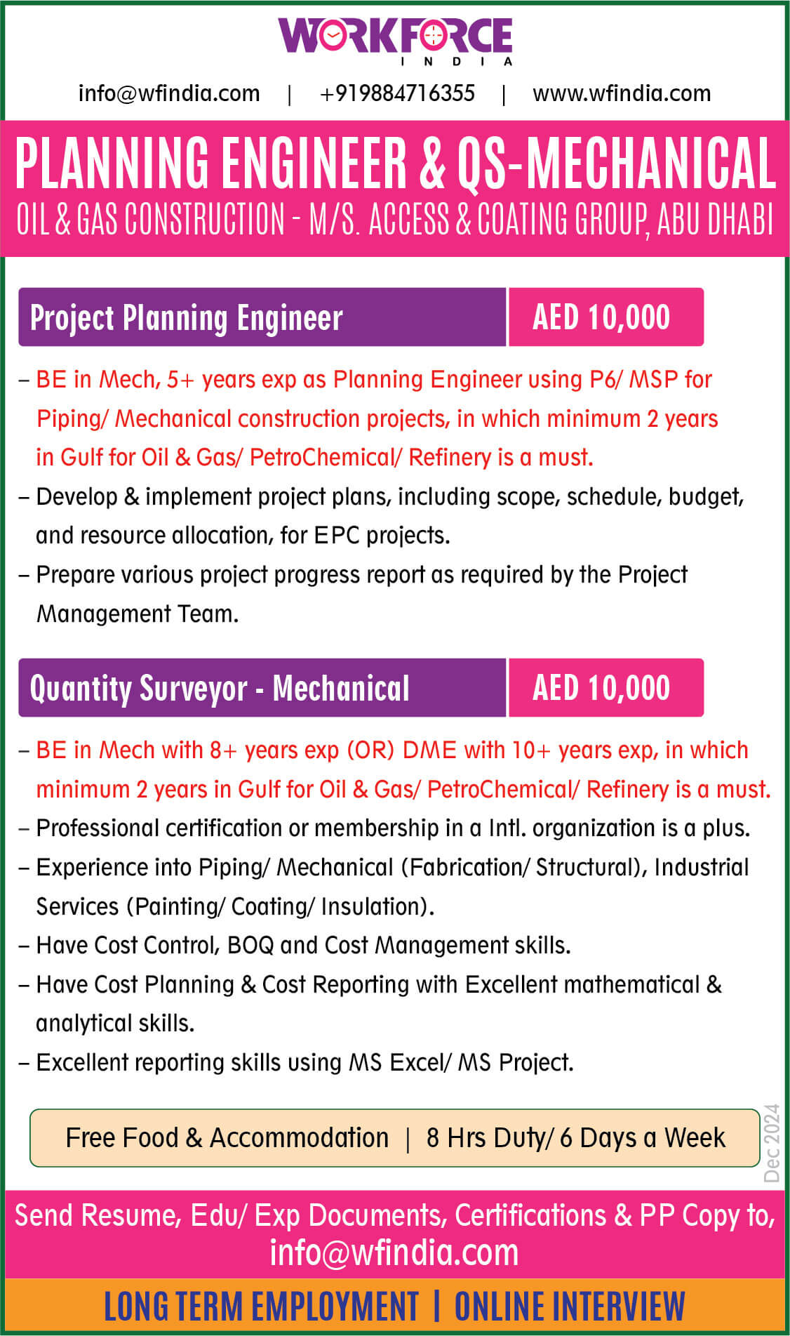 Planning Engineer & QS (Mechanical) - Oil & Gas Construction - M/S. Access & Coating Group, Abu Dhabi, UAE