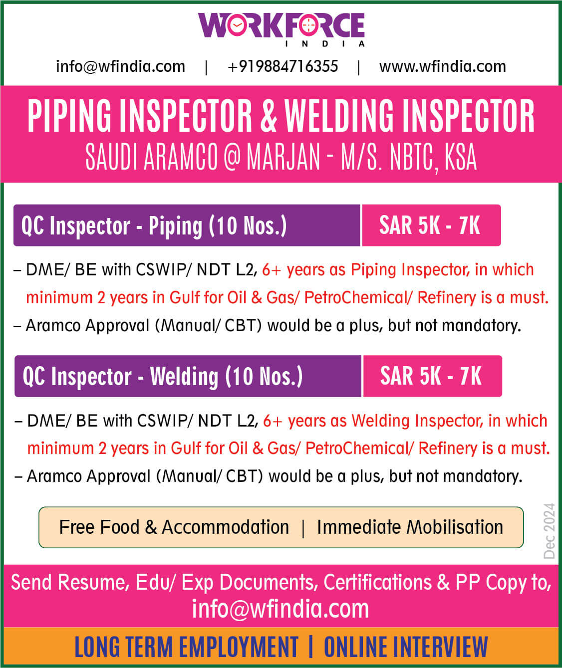 Piping Inspector & Welding Inspector - Saudi Aramco @ Marjan - M/S. NBTC, KSA