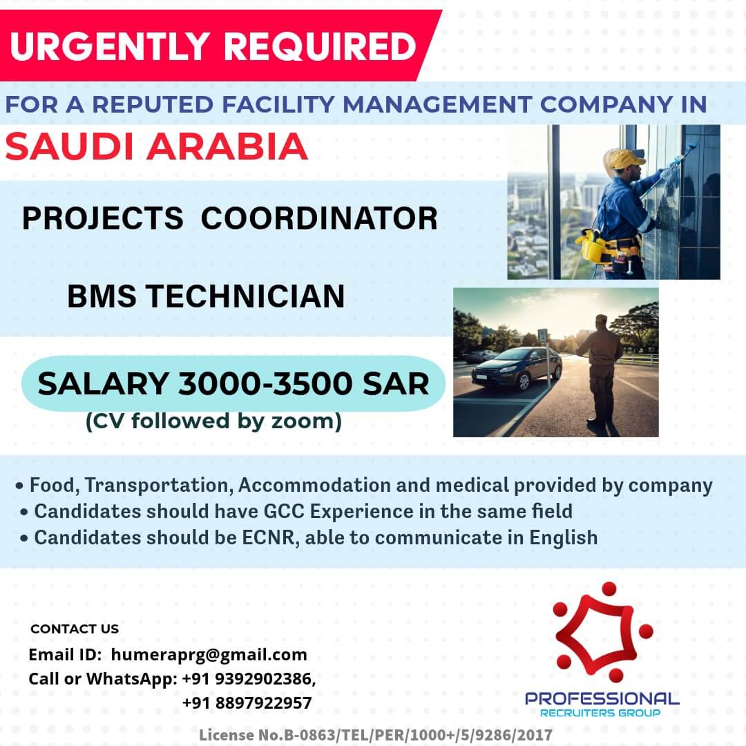 Hiring Project coordinator and BMS technician for Saudi Arabia