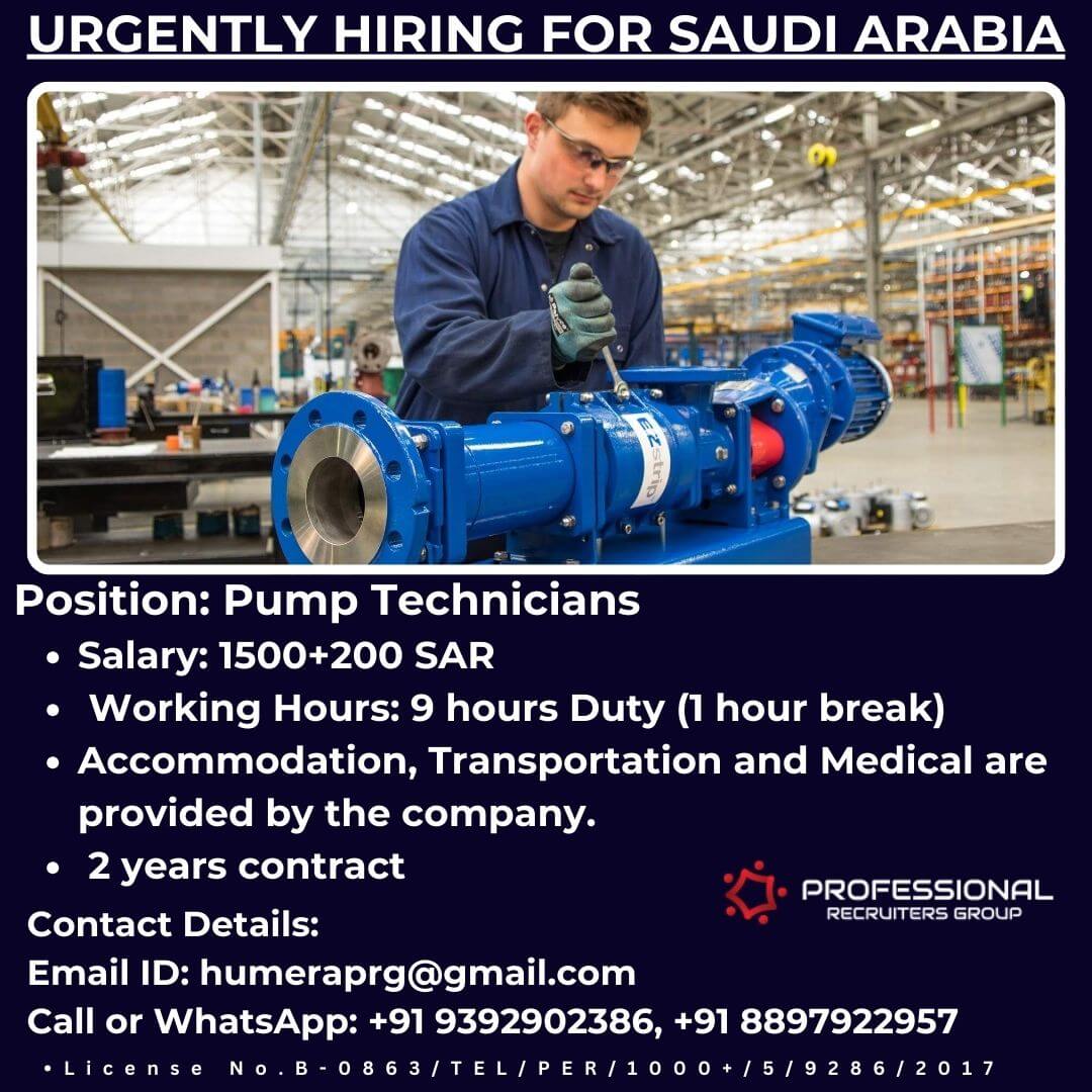 Hiring Pump Technician for Saudi Arabia