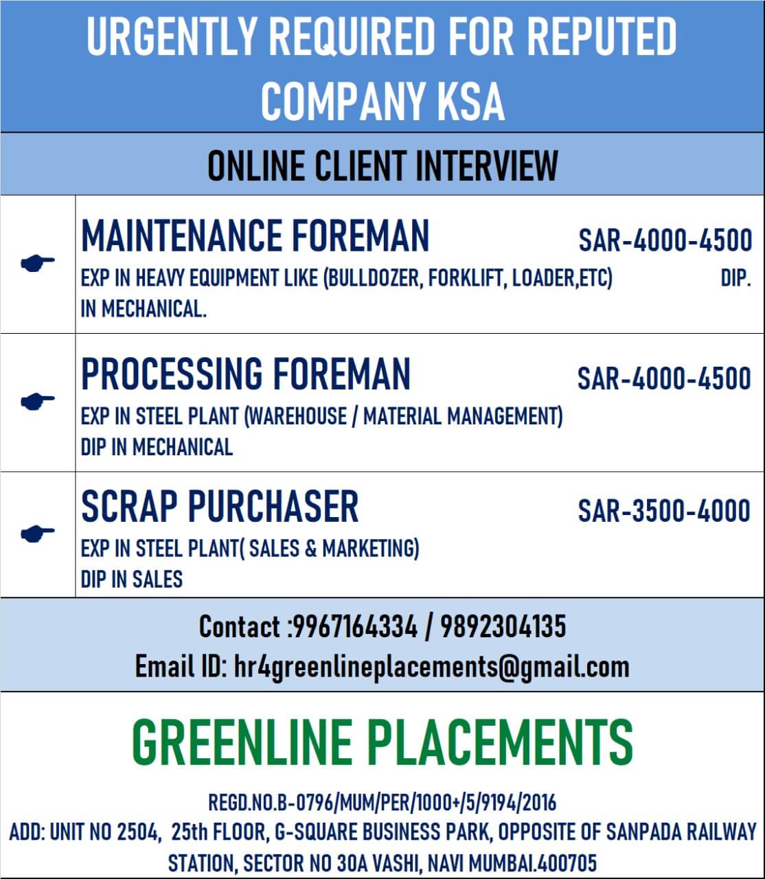 URGENTLY REQUIRED FOR REPUTED COMPANY KSA