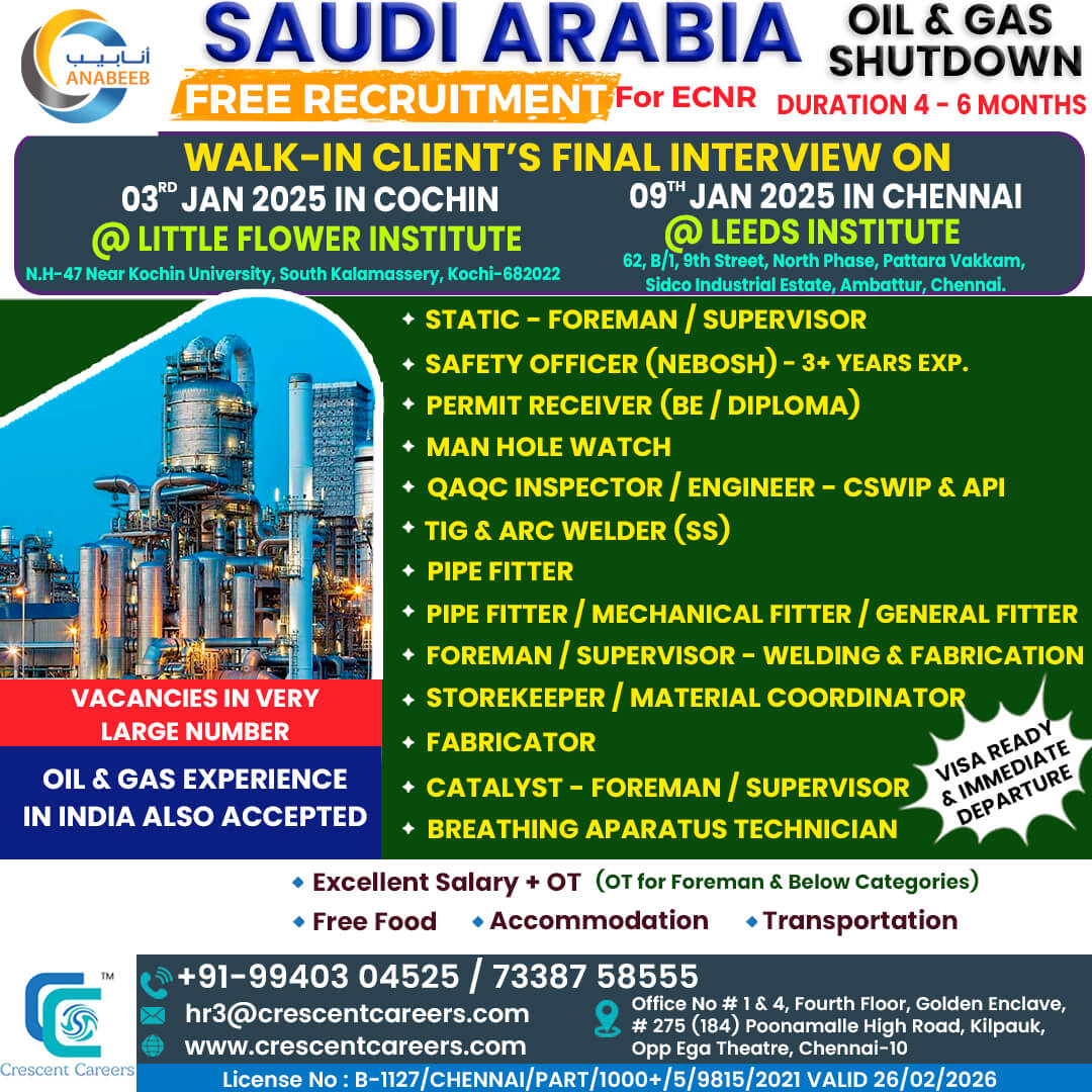 OIL & GAS SHUTDOWN – FREE RECRUITMENT FOR SAUDI ARABIA (ANABEEB)