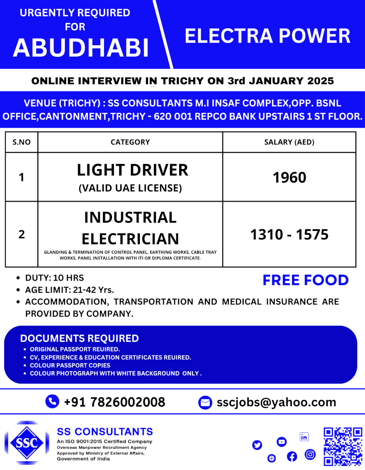 Urgent Hiring for Light Driver and Electrician Jobs in Abu Dhabi | Online Interview in Trichy