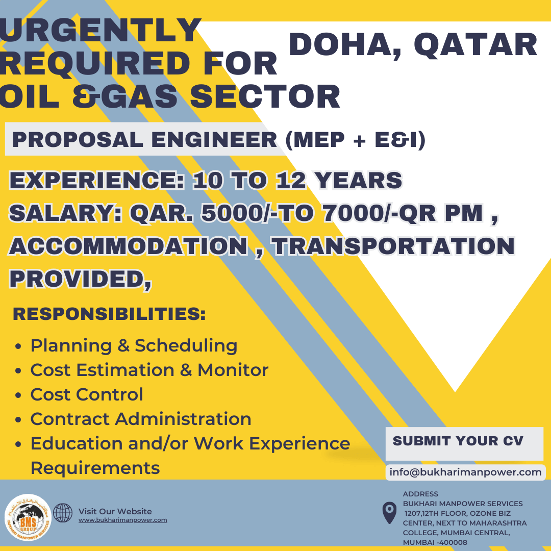 URGENTLY REQUIRED FOR PROPOSAL ENGINEER MEP & EI IN OIL &GAS SECTOR IN DOHA, QATAR