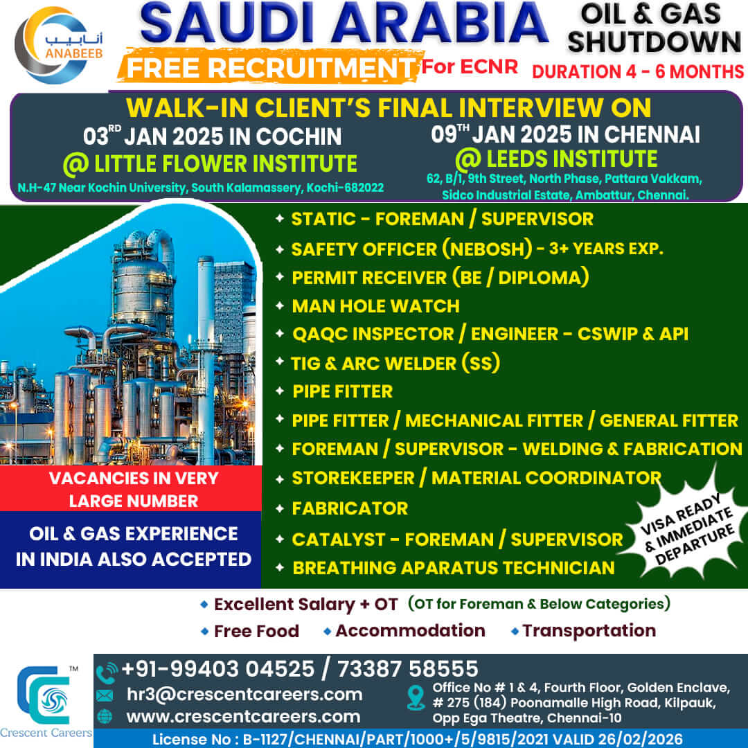 OIL & GAS SHUTDOWN - FREE RECRUITMENT FOR SAUDI ARABIA