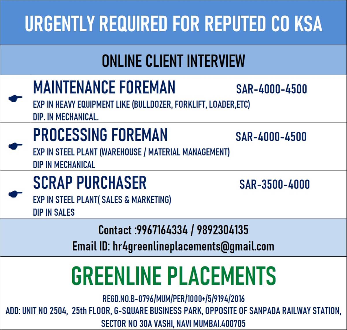 URGENTLY REQUIRED FOR REPUTED COMPANY KSA