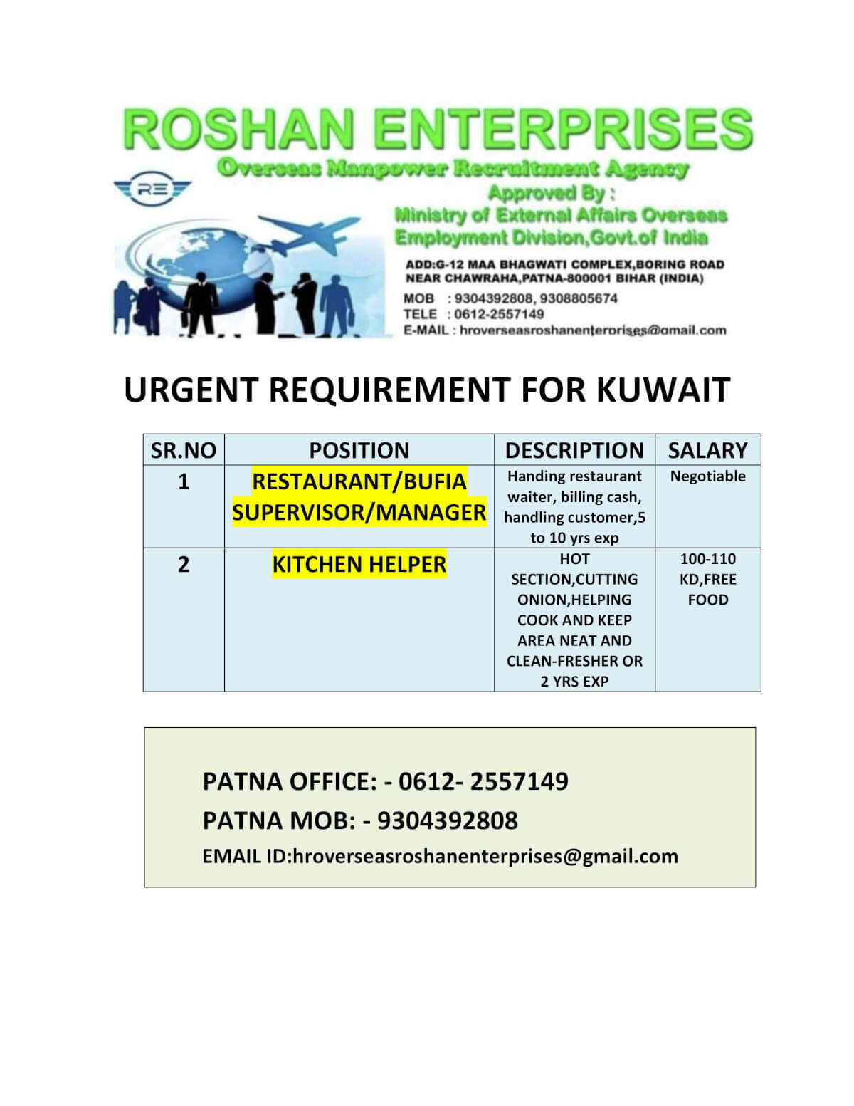 URGENT REQUIREMENT FOR KUWAIT-RESTAURANT/BUFIA