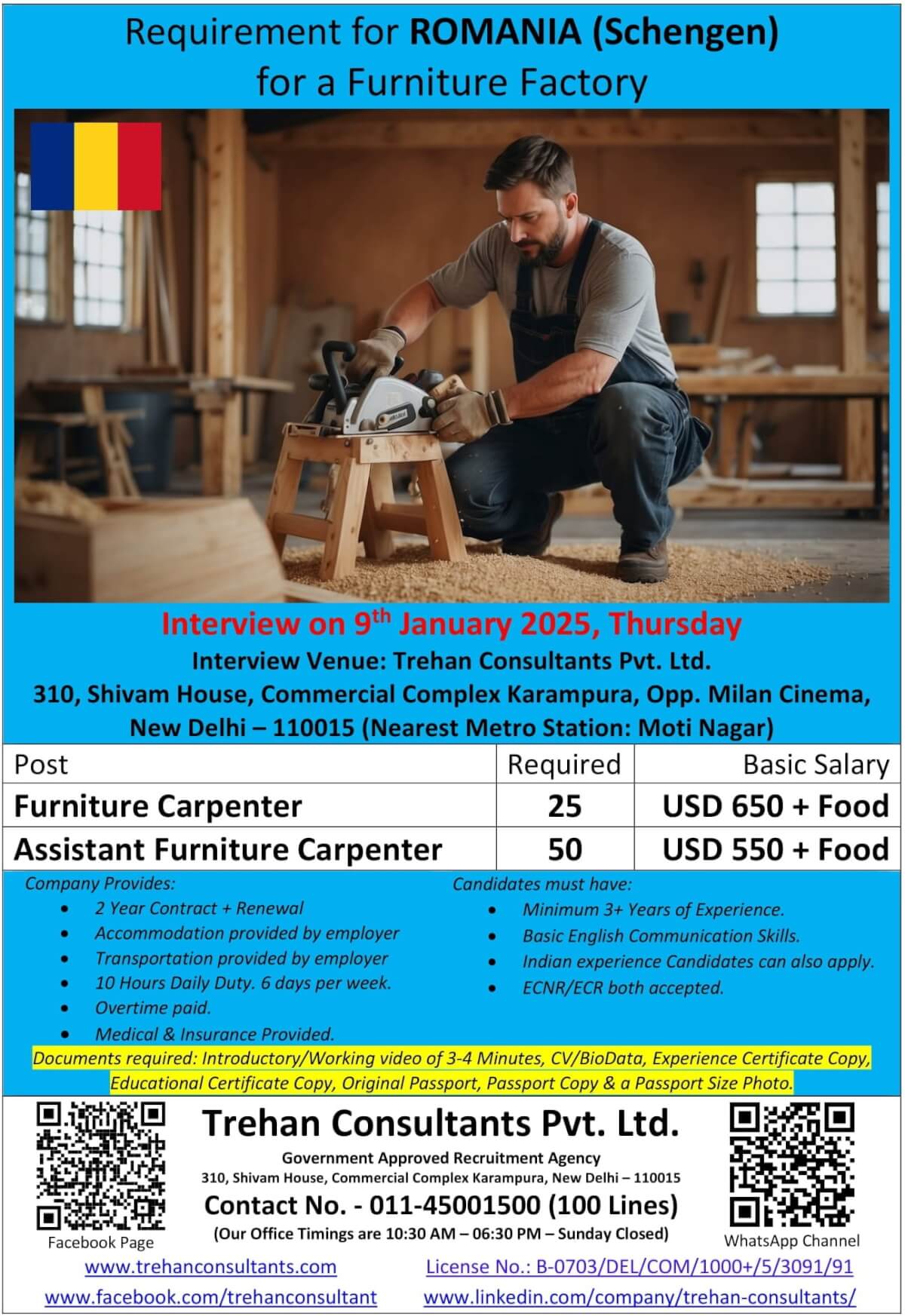 Furniture Carpenter & Assistant Furniture Carpenter required for ROMANIA (Schengen) for a Furniture Factory - Interview Date 9 January 2025