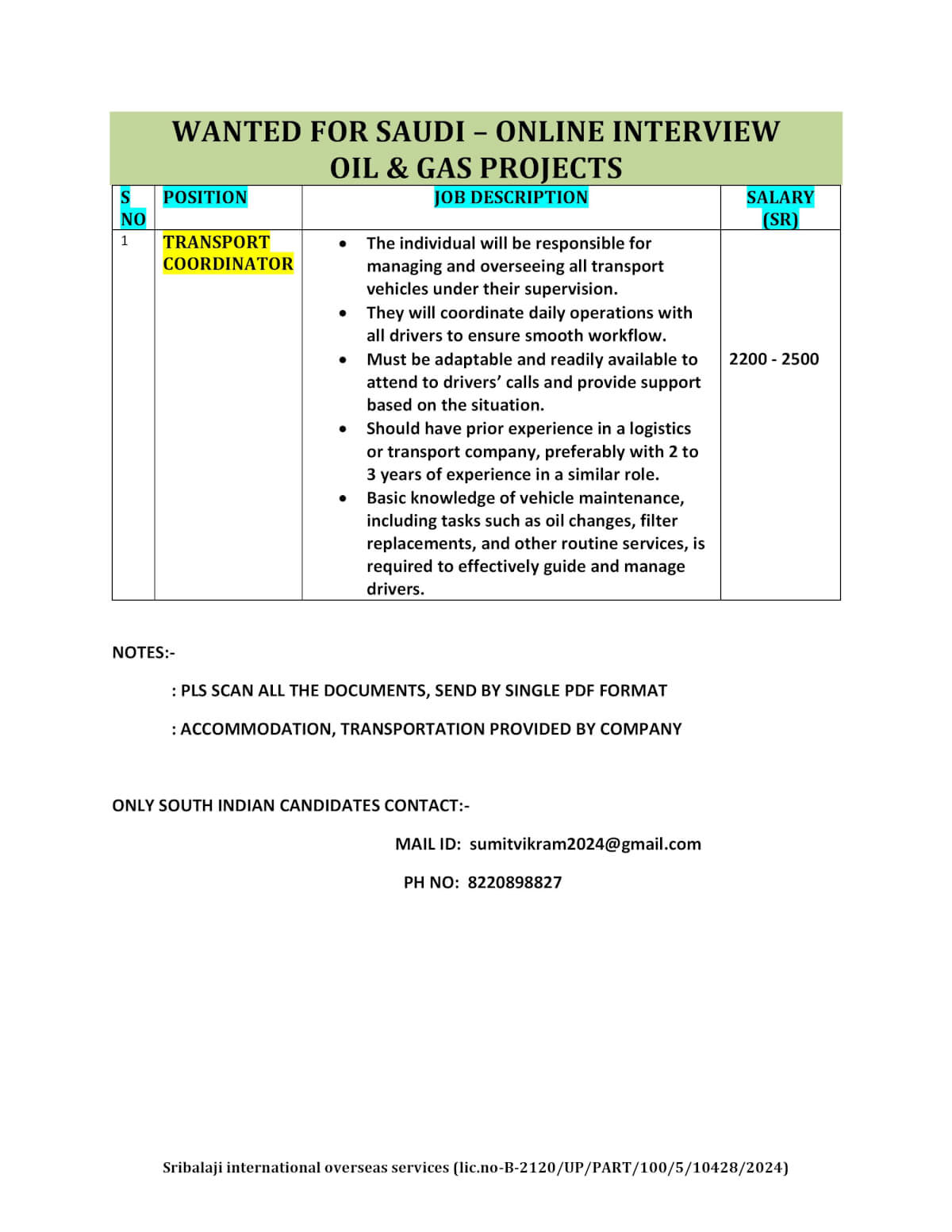 WANTED FOR SAUDI – ONLINE INTERVIEW OIL & GAS PROJECTS