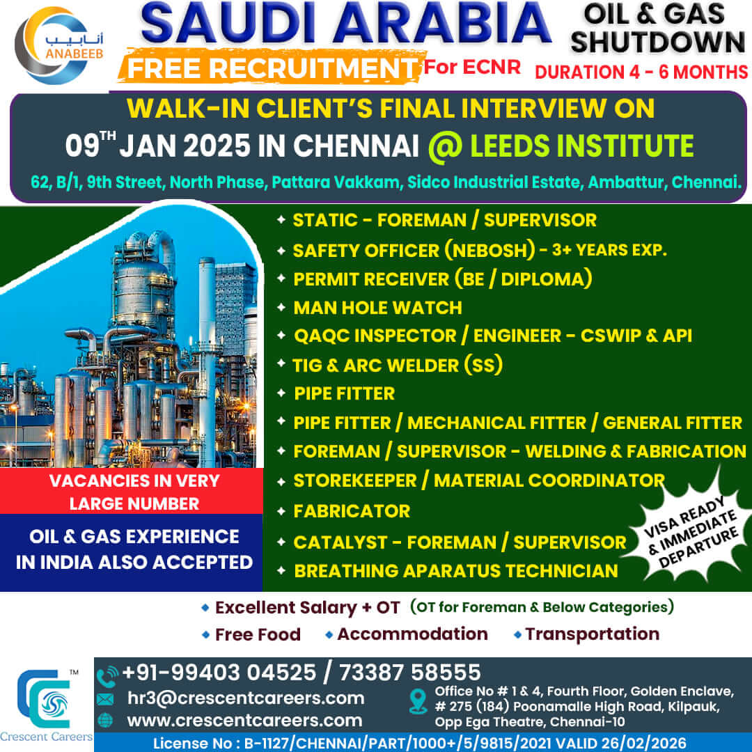 OIL AND GAS SHUTDOWN - FREE RECRUITMENT FOR SAUDI ARABIA