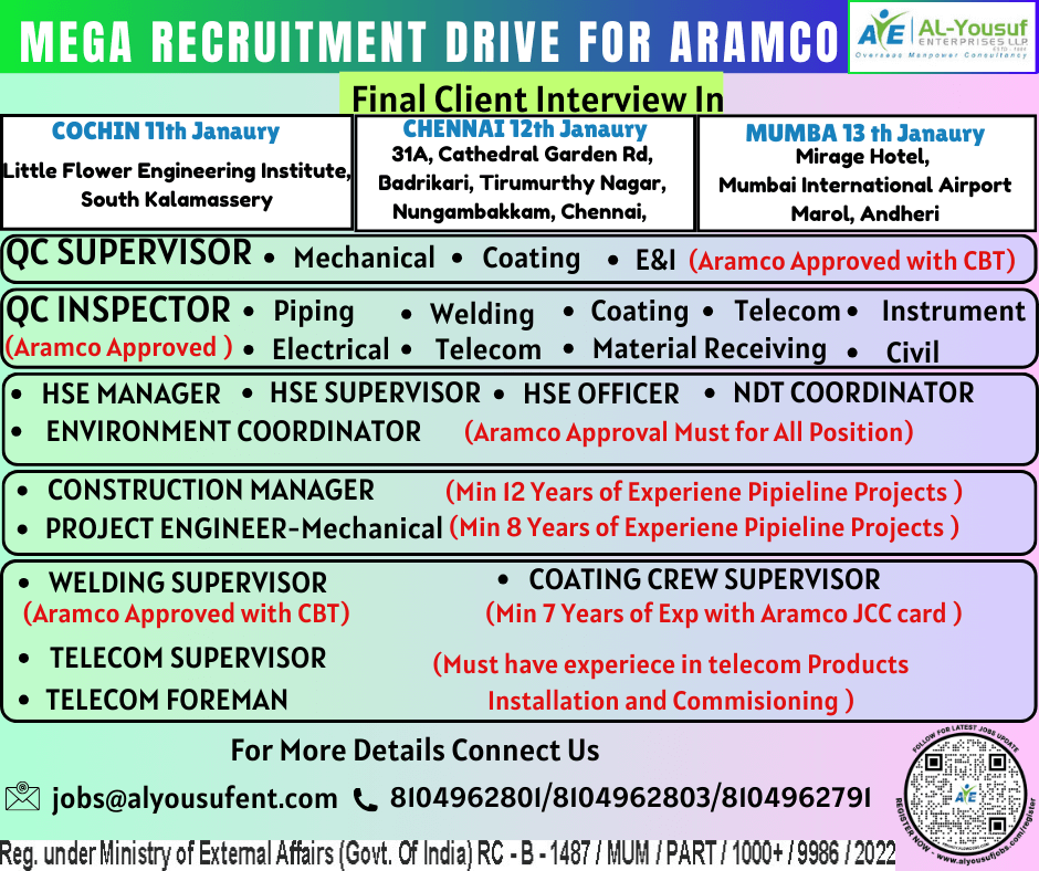 MEGA RECRUITMENT FOR ARAMCO PROJECT-SAUDI ARABIA