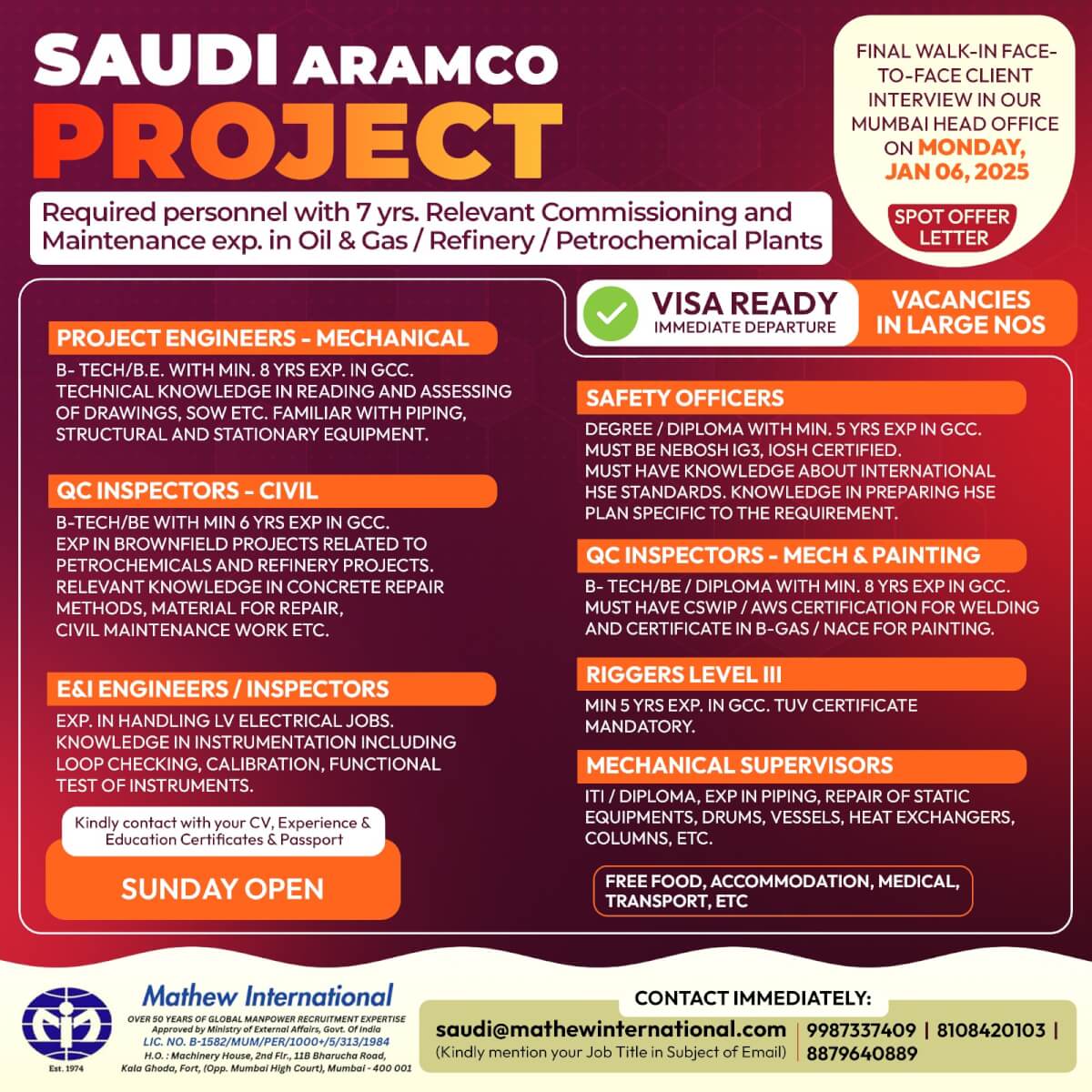 Required personnel for Saudi Aramco with 7 yrs. relevant Commissioning and Maintenance exp. in Oil & Gas / Refinery / Petrochemical Plant