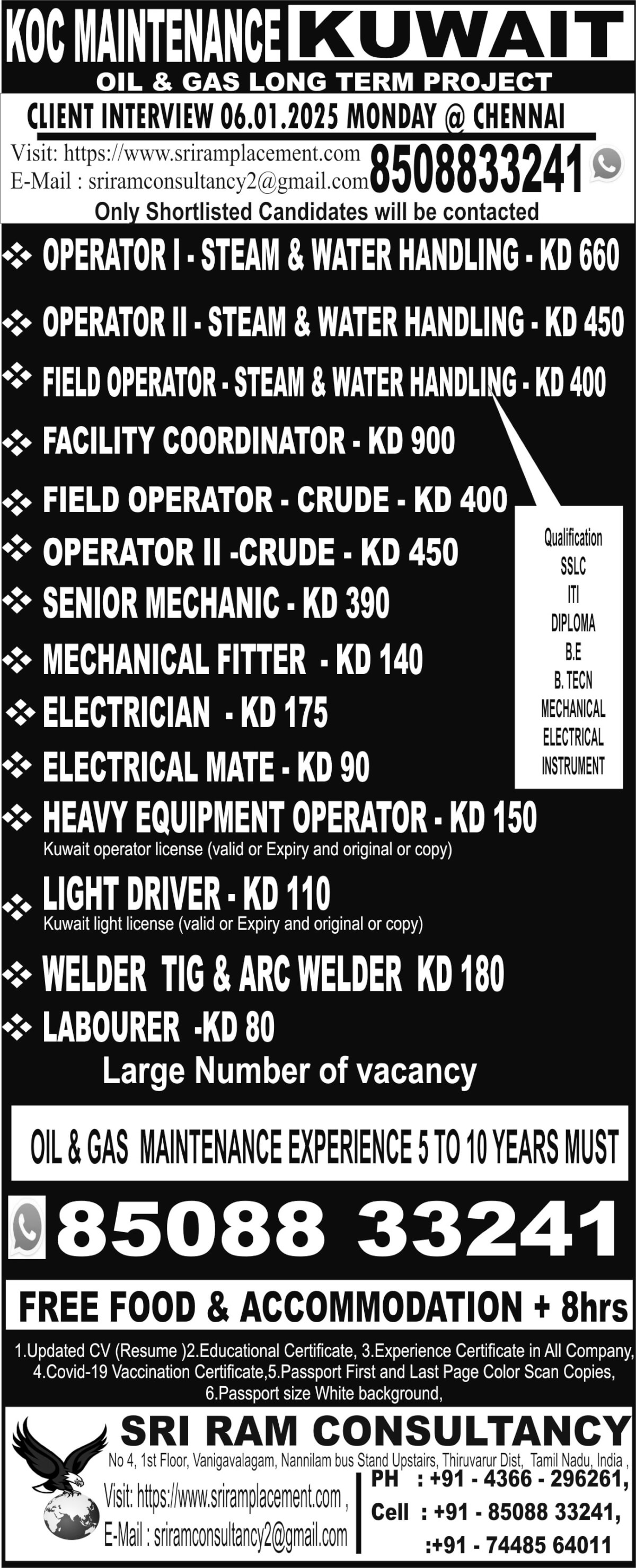 URGENT REQUIREMENT FOR KUWAIT, KOC MAINTENANCE,  OIL & GAS LONG TERM PROJECT. https://whatsapp.com/channel/0029VaGCAbBJ93wTllBRDs3F