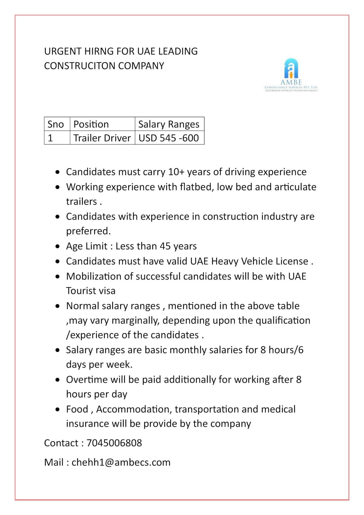 Urgent Hiring for UAE